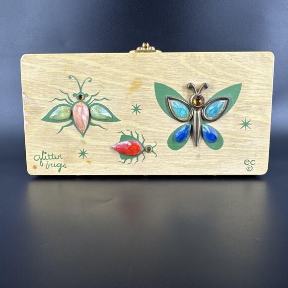 Vintage Enid Collins of Texas GLITTERBUGS Wooden Box Bag Purse 1960s NO HANDLE - Picture 1 of 16